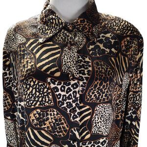 Vintage 90s Jessica Holbrook Oversized Silk Top Size L Animal Print Button Down